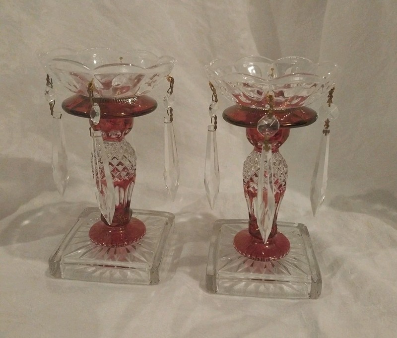 Pair VTG Westmoreland Glass  Ruby Iridescent 2 Candlesticks & 2 Crystal Bobeche
