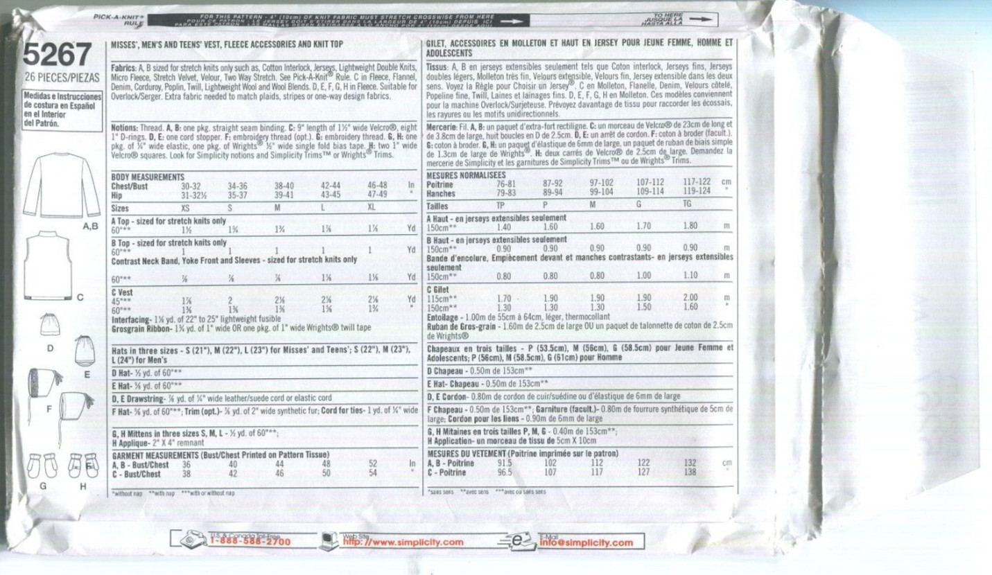 SIMPLICITY 5267 UNISEX TEENS/ADULTS VEST FLEECE ACCESSORIES & TOP SZ XS-M UC