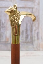 Eleg Antique Brass Wolf Head Brown Wooden Walking Stick Cane Valentine's Gift