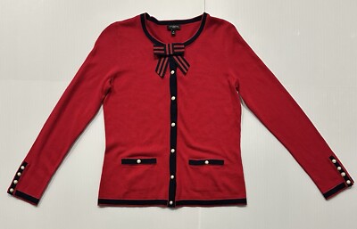 Talbots Women Size P PRed Navy Pearl Button Pockets Cardigan Sweater 5% Cashmere