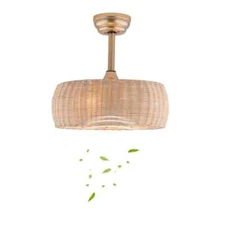 OUKANING 17.7 in. Indoor Natural and Gold Boho Rattan Caged Ceiling Fan+Remote