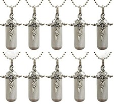 Set of 10 Brushed Silver Rose Cross CREMATION URNS w/Pouches, Chains, Fill Kit