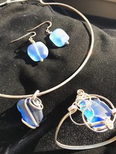 Boutique Sea Glass Necklace Earrings and Bracelet, Blue Sea Glass silver