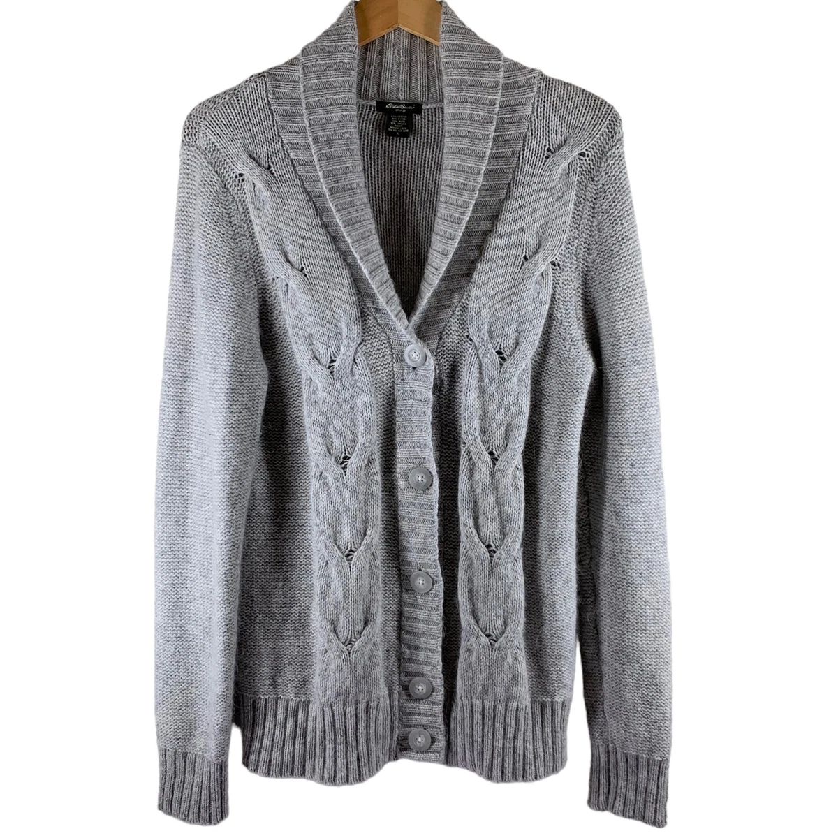 EDDIE BAUER Light Gray Angora Blend Cable Knit Cardigan Sweater Size Large