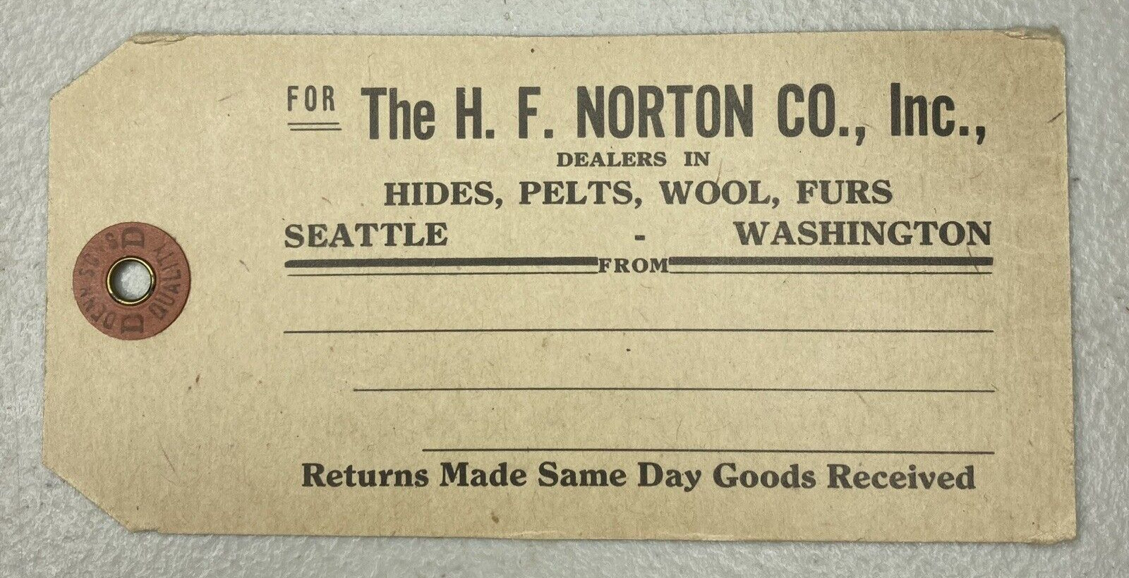 Vintage H.F. Norton Co Seattle Washington Raw Hides Furs Shipping Hang Tag Card 