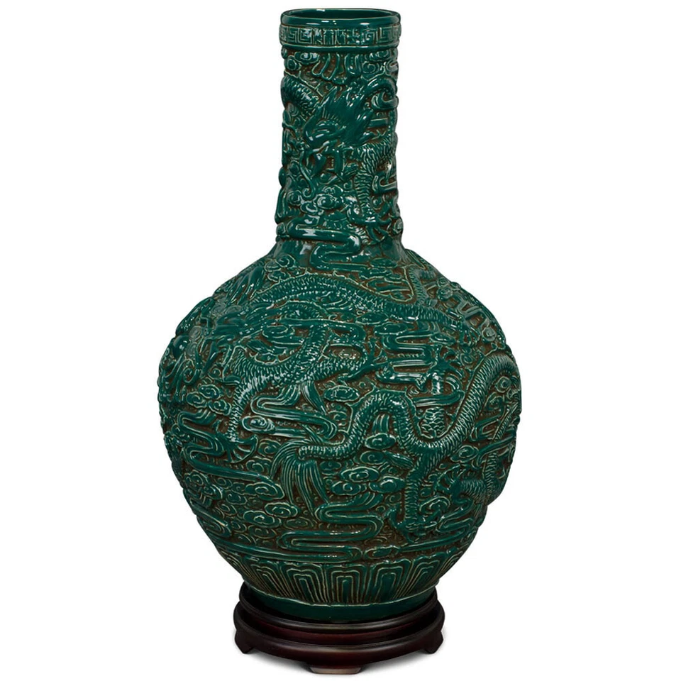 US Seller - Emerald Green Porcelain Imperial Dragon Motif Chinese Temple Vase - Image 3 of 4