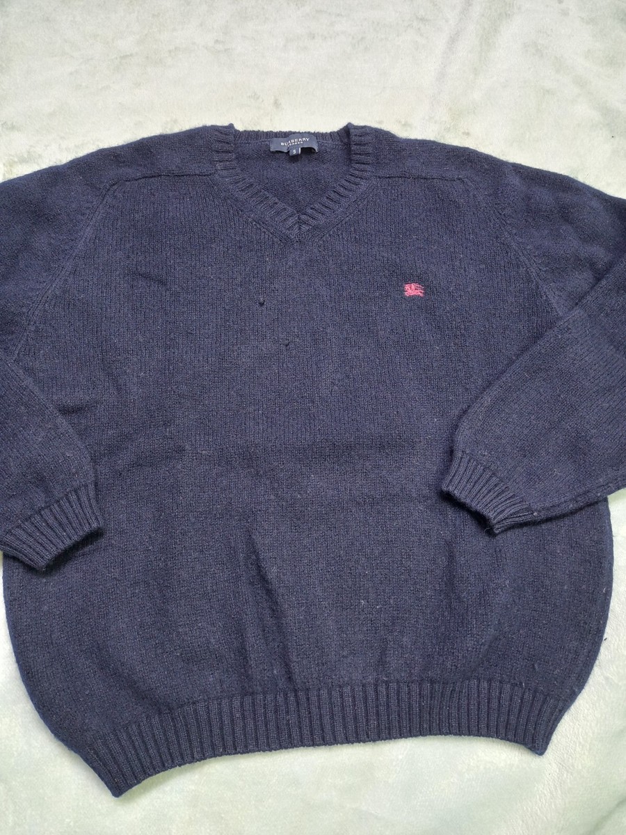 Burberry London 100% Wool V-Neck Pullover Sweater Men Blue Jumper