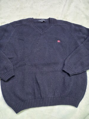 Burberry London 100% Wool V-Neck Pullover Sweater Men Blue Jumper