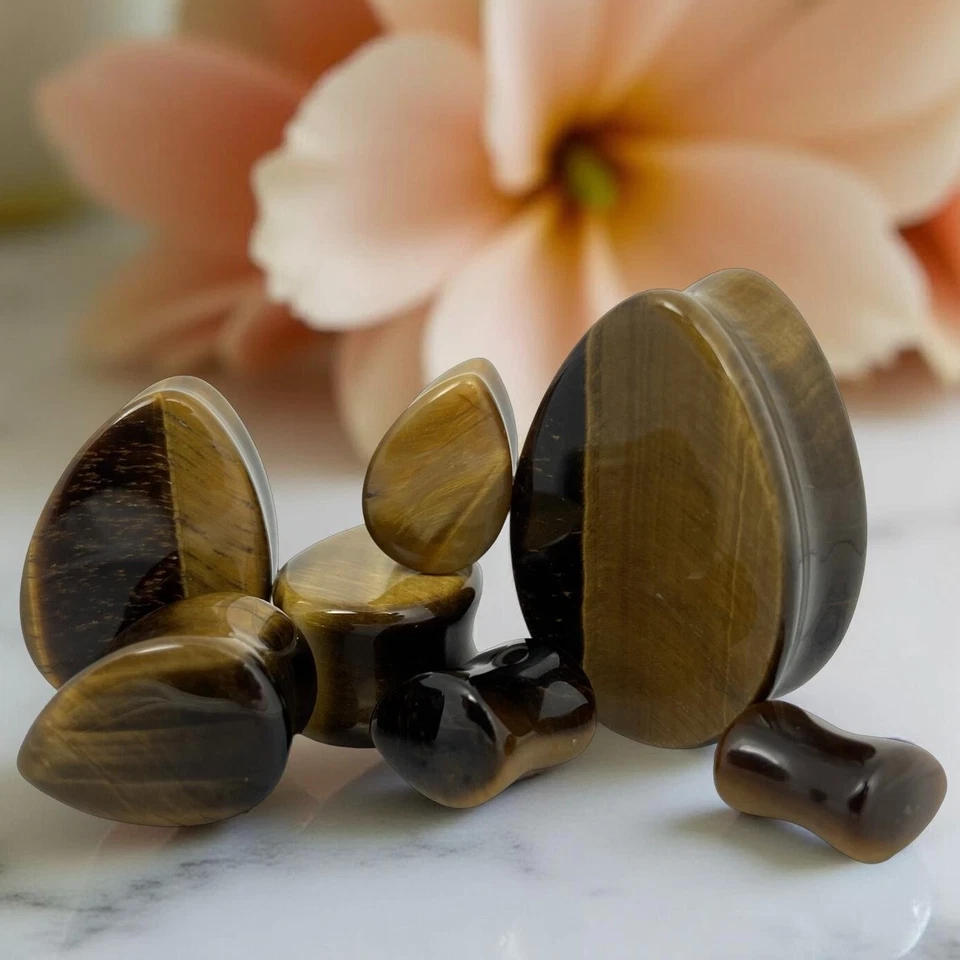 Par de tapones para lágrimas de piedra de ojo de tigre juego medidores de oído ELIGE EL TAMAÑO Foto 2 de 4