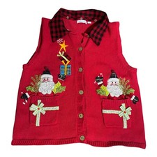 Traditions Holiday Sweater Vest Womens Medium Red Santa Embellished Christmas