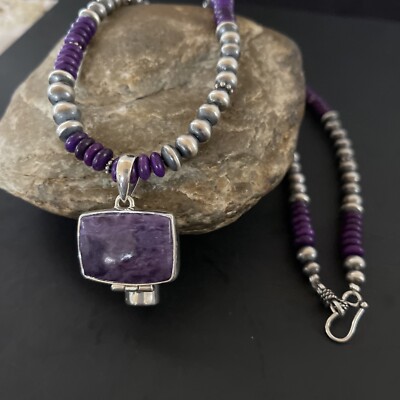 Purple Stone Pendant Navajo Pearls Sterling Silver Necklace 11333