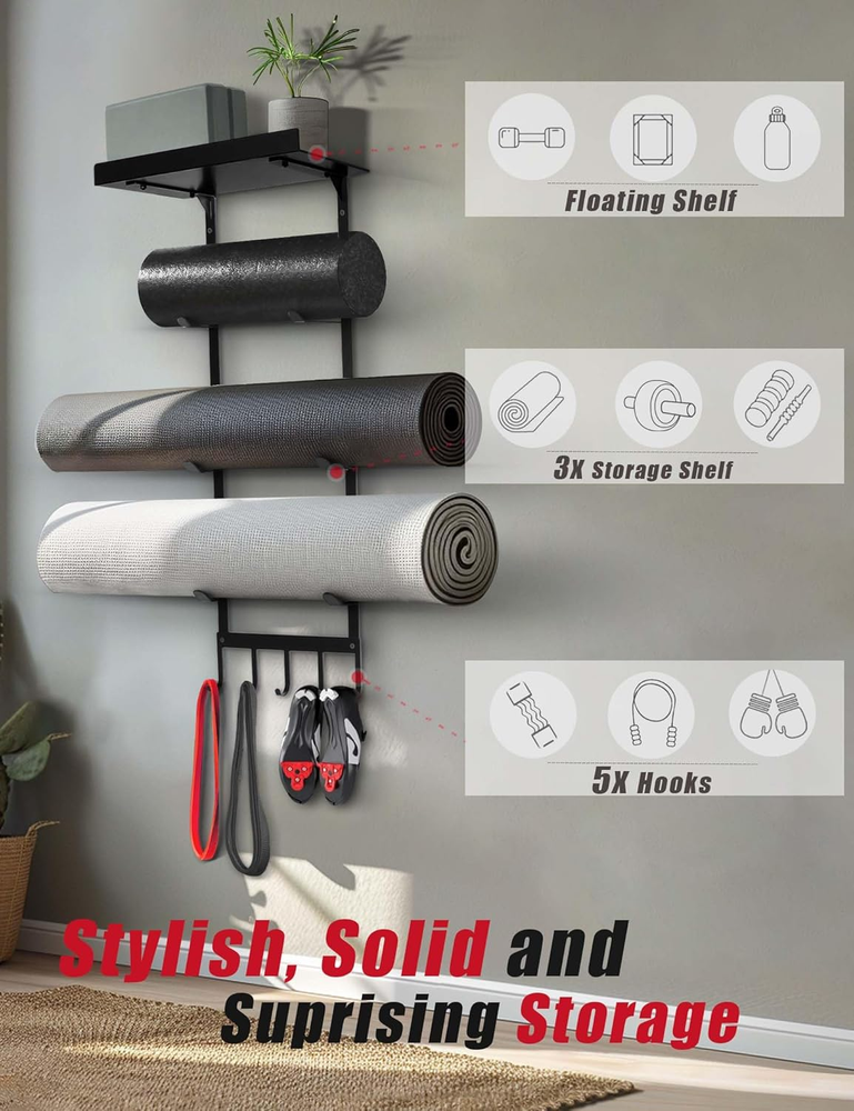 Yoga Mat Wall Holder with 4-Tier Storage and Top Shelf for Home Gym