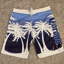 Vtg Corona Mens L Large Board Shorts Swim Trunks Blue Mesh Lining Beer Palms