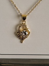 Stainless steel Heart Pendant w/Cubic Zirconia Necklace goldtone