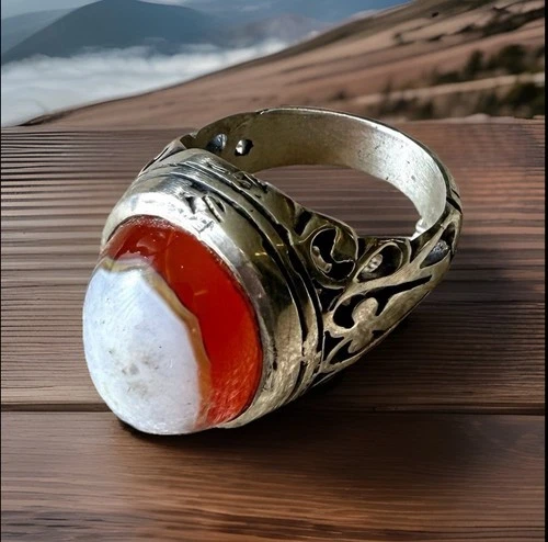 ❤️🤍Vintage Silver Handmade 925 Ring w/Natural Red-White Carnelian Gem US 11🤍❤️