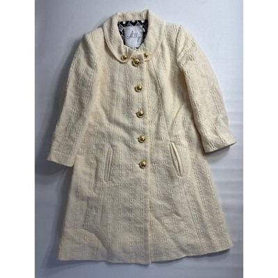 Milly of New York Women Cream Textured Cable Knit Coat Gold Buttons Size 4 Ivory