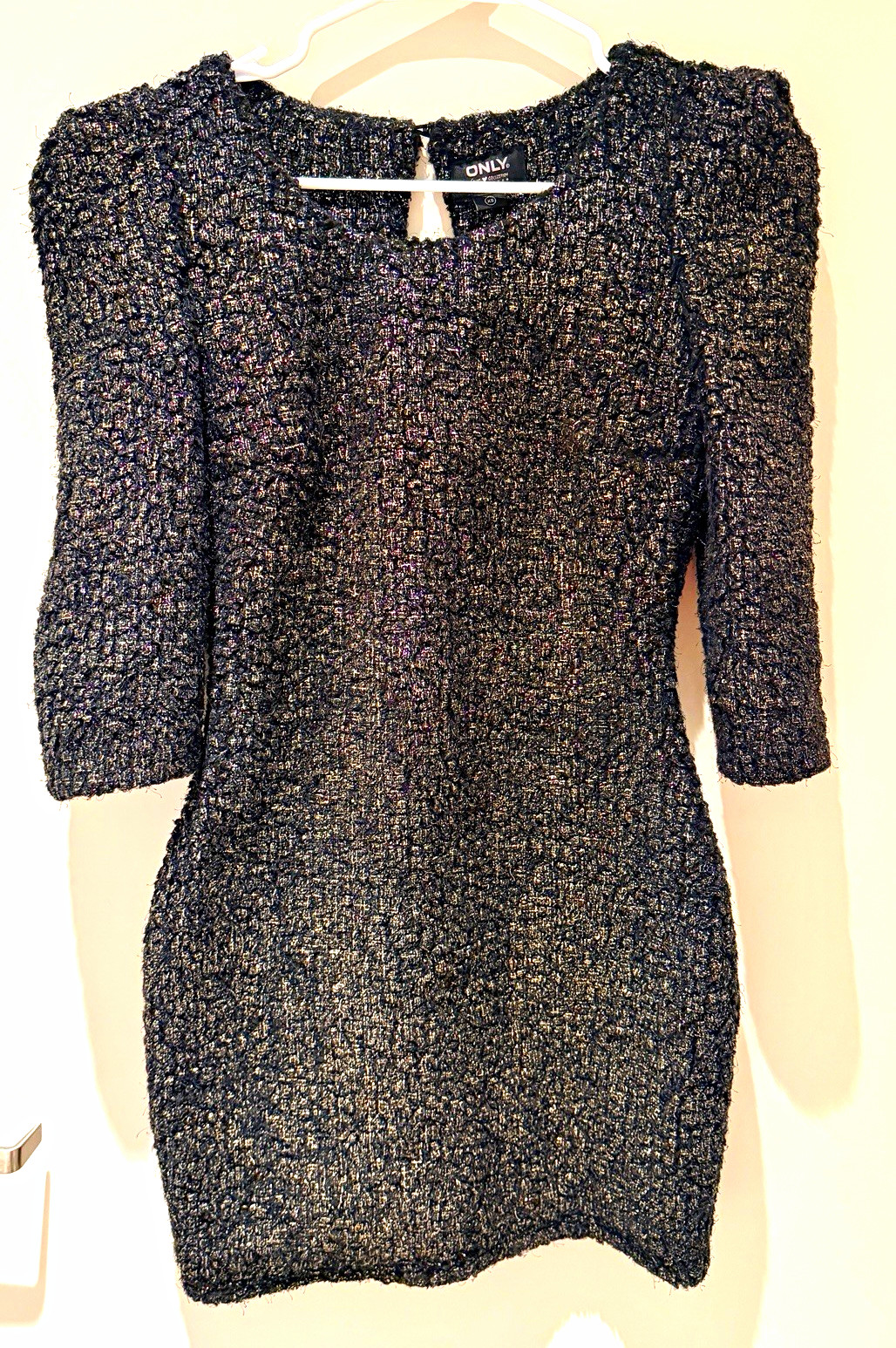 ONLY XS Black/Silver Metallic Knit Mini Bodycon Dress 3/4 Sleeve Round Neck