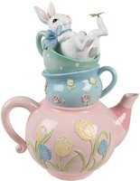 Clayre & Eef Dekoration Kaninchen Teekanne Rosa Blau Landhausstil 28X19X34 Cm