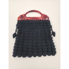 Vintage Black Purse Handbag Amber Handle Crochet
