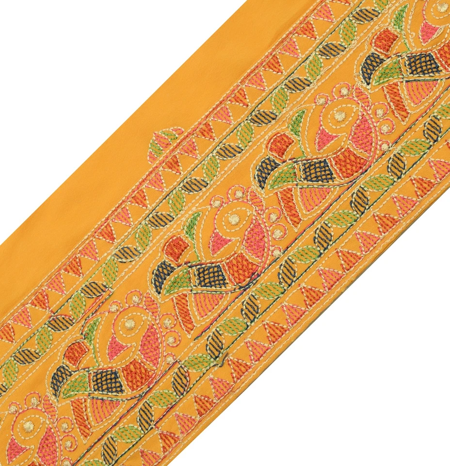 Sushila Vintage Yellow Saree Border Indian Craft Sewing Trim Embroidered Lace - Image 3 of 4