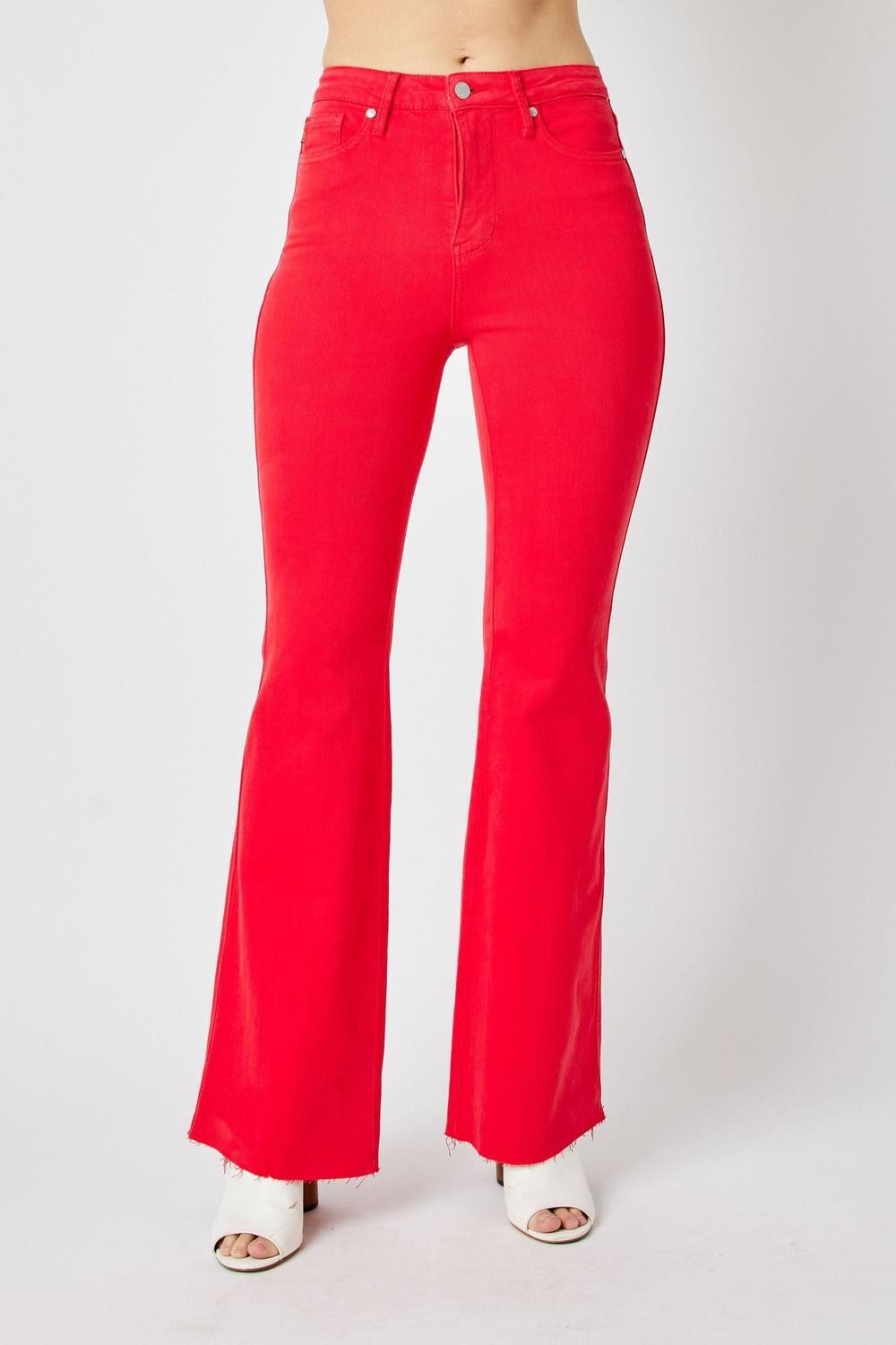 Judy Blue High Waist Tummy Control Garment Dyed Red Flare Denim Jeans 88833
