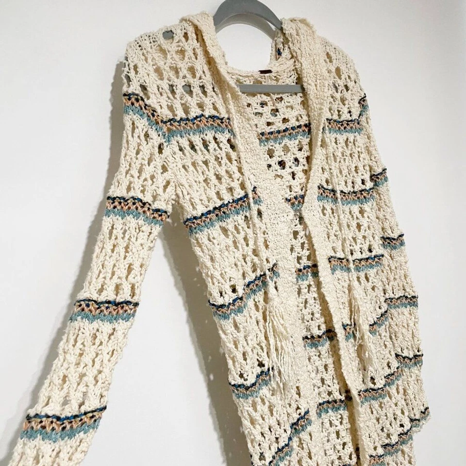 Cárdigan con capucha FP para mujer bloqueador solar azul marfil tejido abierto ganchillo manga larga XS Foto 4 de 4