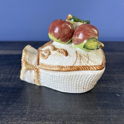 Vintage Ceramic 3D Apple Trinket Box w/ Removable Lid Raised Textured 3D Fruit