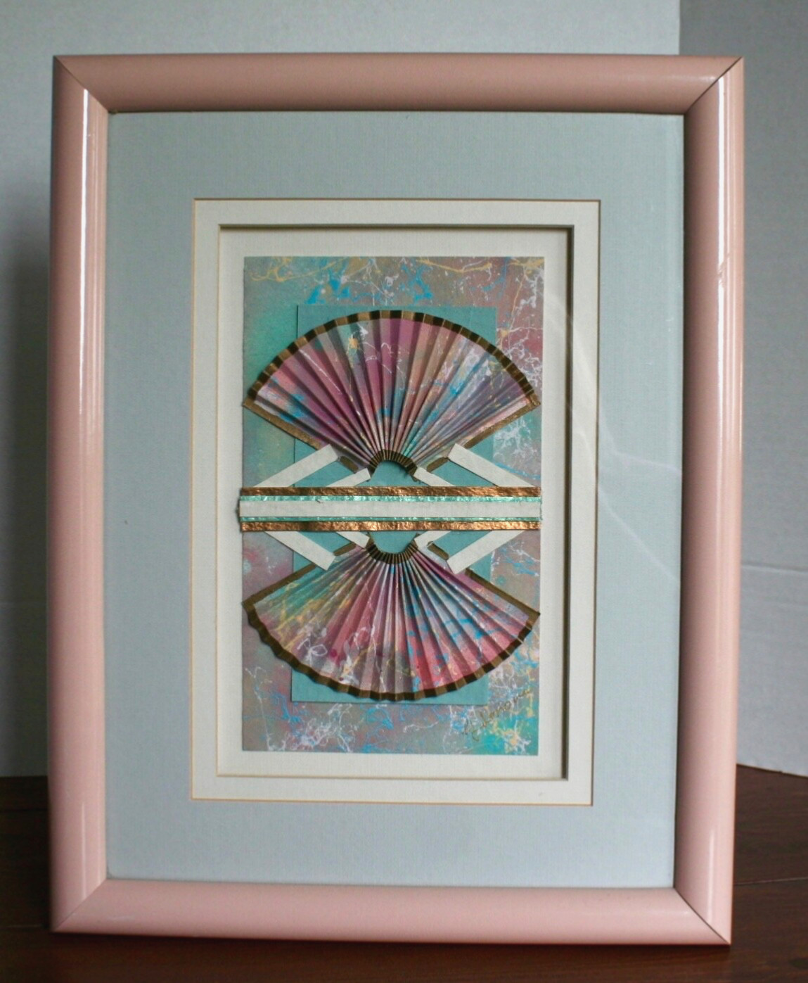 Vintage Art Post Modern Mixed Media Guiteau Lanoue Fan Framed 80s 90s