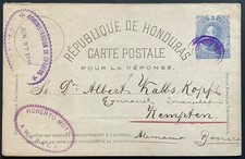 Honduras AMAPALA 1885 on 1882 Morazan 3c reply postal stationery card to Kempten