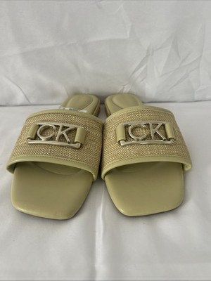 CK Medow Yellow  Monogramed Slide On Canvas Square Toe Sandals Size-8