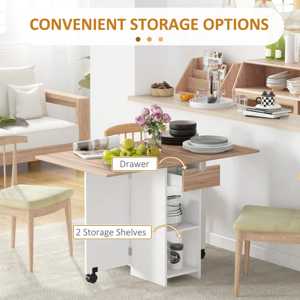 Folding Dining Table Drop Leaf Small Spaces Foldable with Drawer Storage Shelves - Image 4 of 4