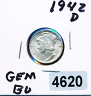 MERCURY SILVER DIME - 1942-D - GEM , BU - #4620 - SEE REVERSE PHOTO!