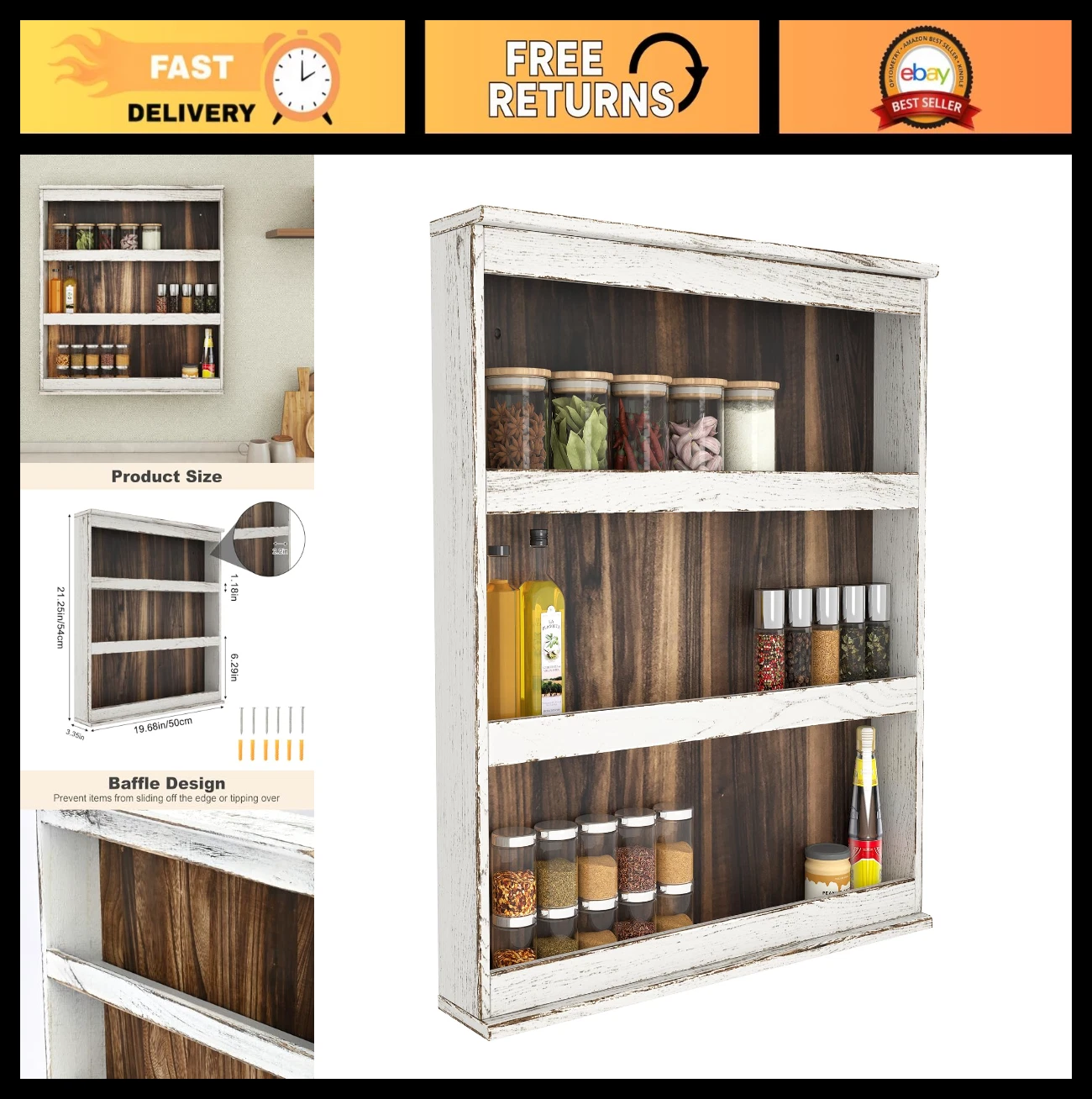 Rustic 3-Tier Wall Mount Spice Rack - Burnt Wood Kitchen Organizer for Jars & Bo
Opens in a new wind