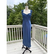 ASTR The Label NWT Midi Dress Medium Slate Blue Ruched Ruffle Satin Romantic