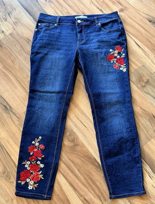 Cato Curvy Skinny Jeans Womens 14W Dark Blue Floral Rose Embroidered Stretch