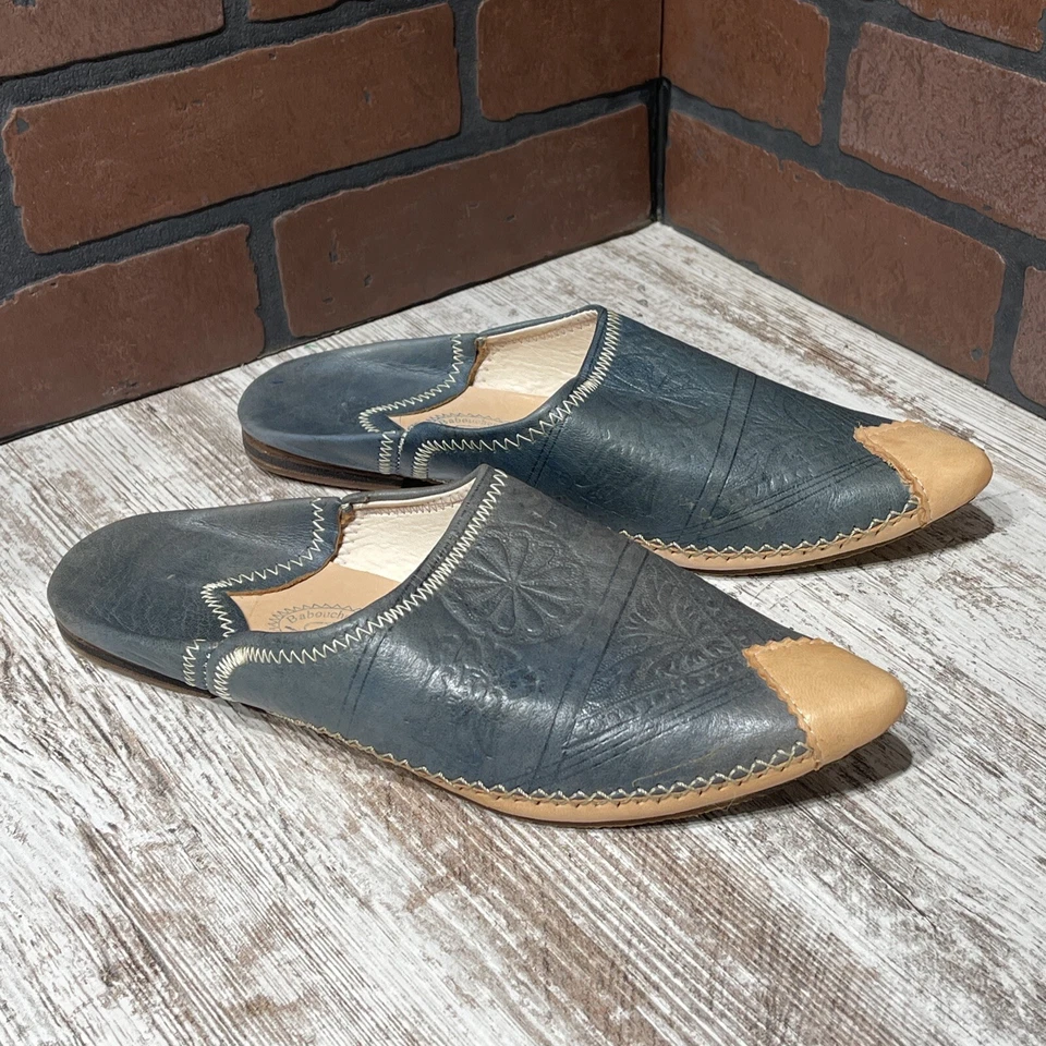 Moroccan Slipper Shoes Babouches Extra Maroc Woman’s Size 8.5 Blue Tan - Image 3 of 4