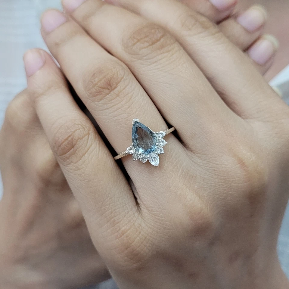 Natural Aquamarine Teardrop Cut Ring 925 Sterling Silver Anniversary Ring Gifts - Image 2 of 4