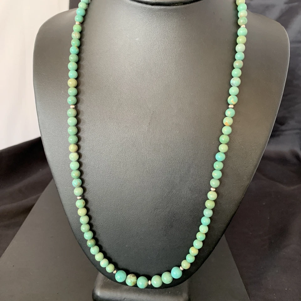 Royston Green Turquoise Shell Heishi Navajo Sterling Silver Necklace 23” 10918 - Image 2 of 4