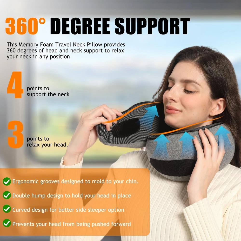 Memory Foam Travel Neck Pillow for Head Support – Fast Shipping