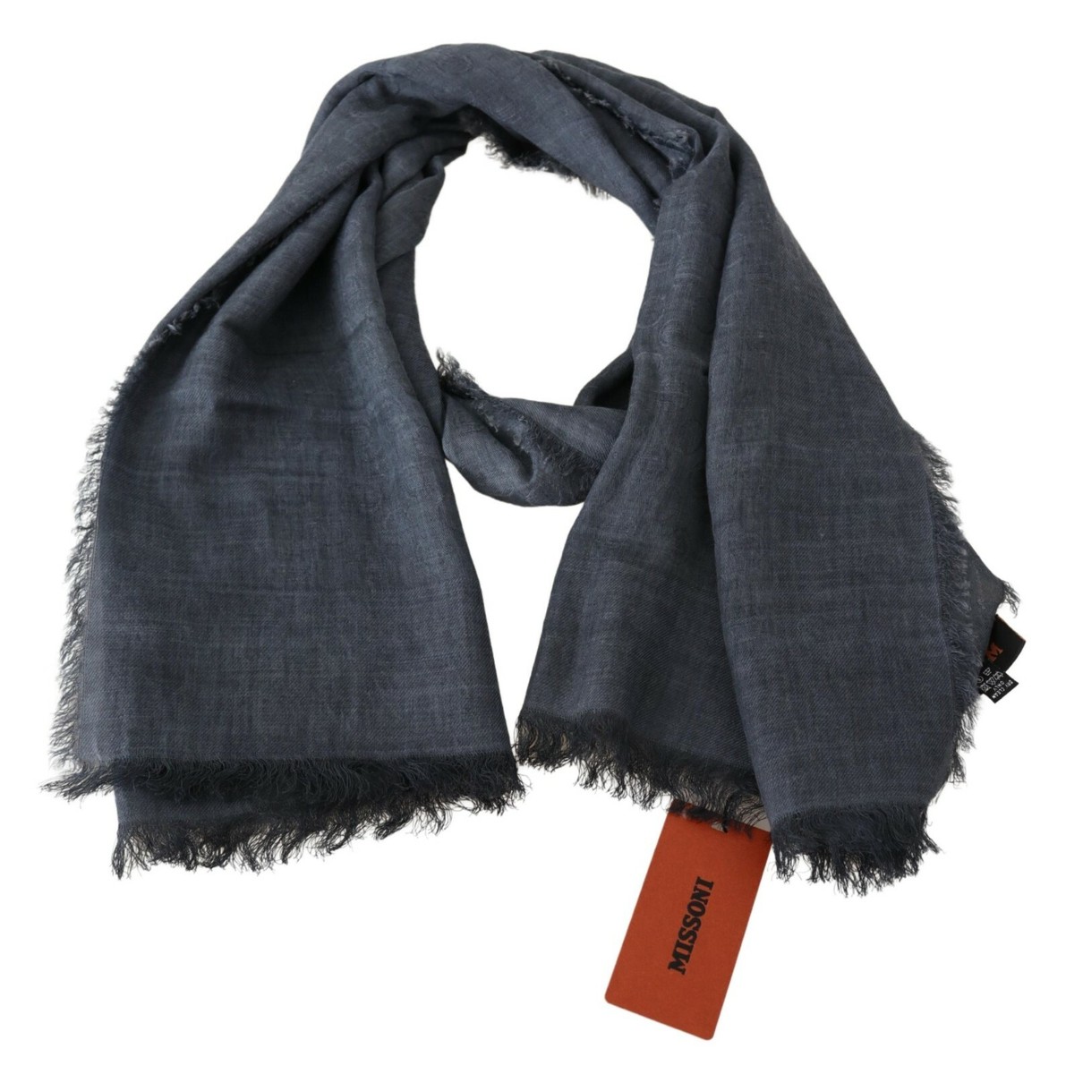 MISSONI Scarf Gray 100% Wool Unisex Neck Wrap Fringes Logo 170cm x 