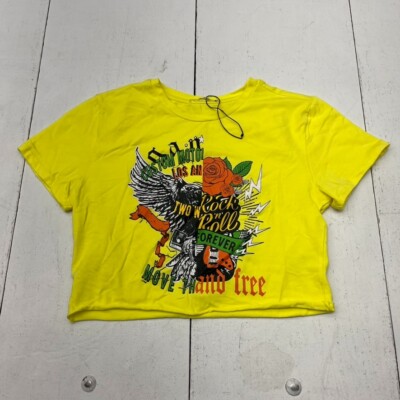Redfox Yellow ''Rock 'n' Roll'' Graphic Print Cropped T-Shirt Women's Size L NEW