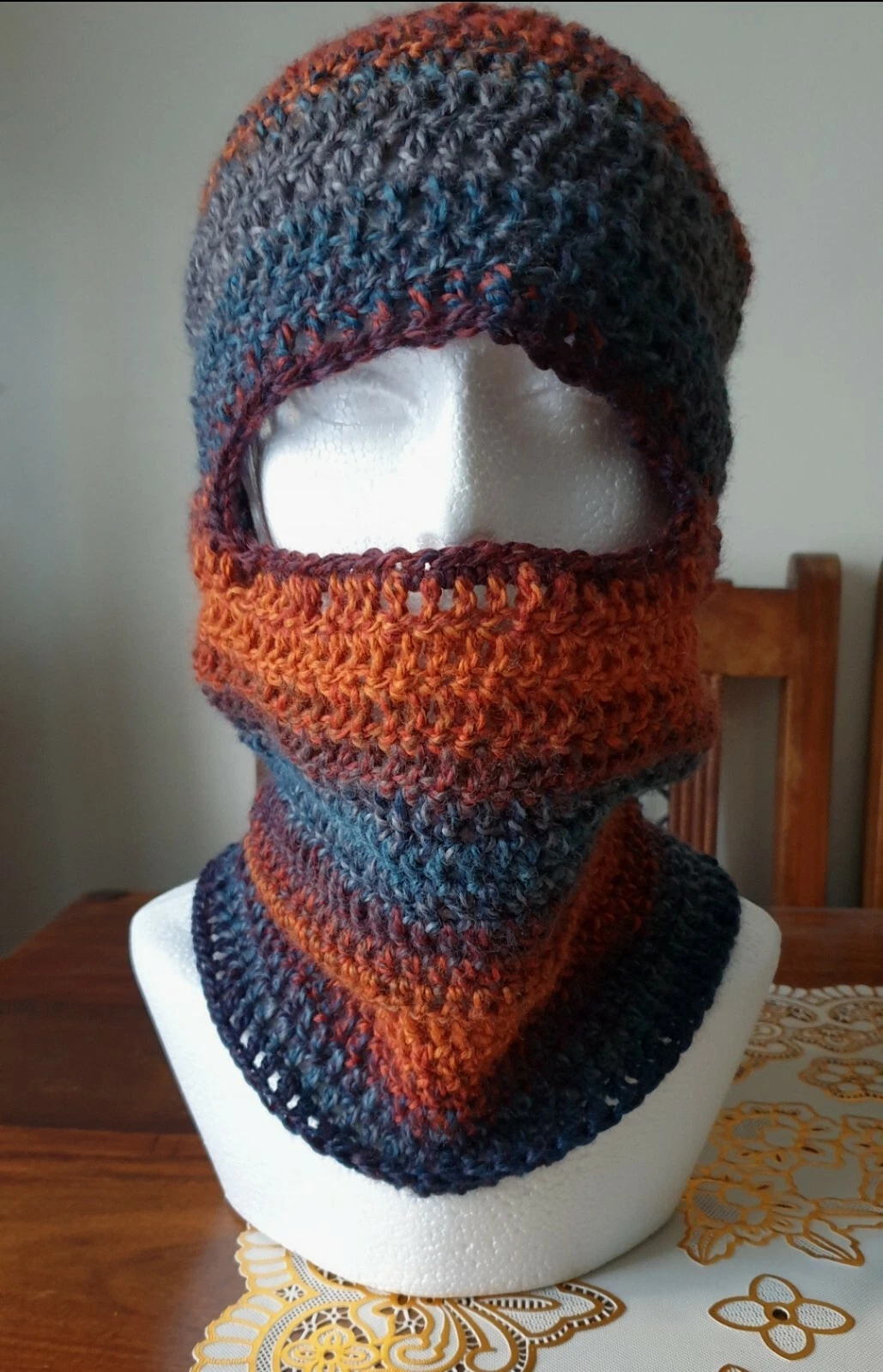 Handmade Crochet Ski Mask. Balaclava. Face Mask. Hat. Blue orange . Wind sheid