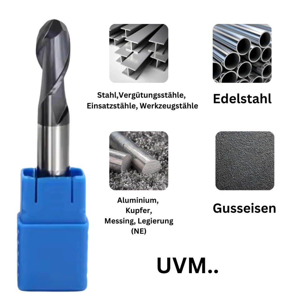 VHM Radiusfräser TiAlN Ø1-12mm Kugel Fräser Z2 HRC50 HPC kurz/ Lang Schaftfräser - Bild 2 von 4