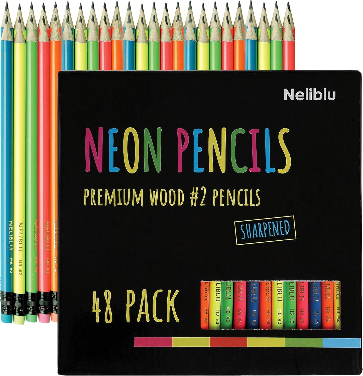 48 Pack Neon HB #2 Pencils Pre-Sharpened Non-Toxic Wood with Erasers Kids Adults