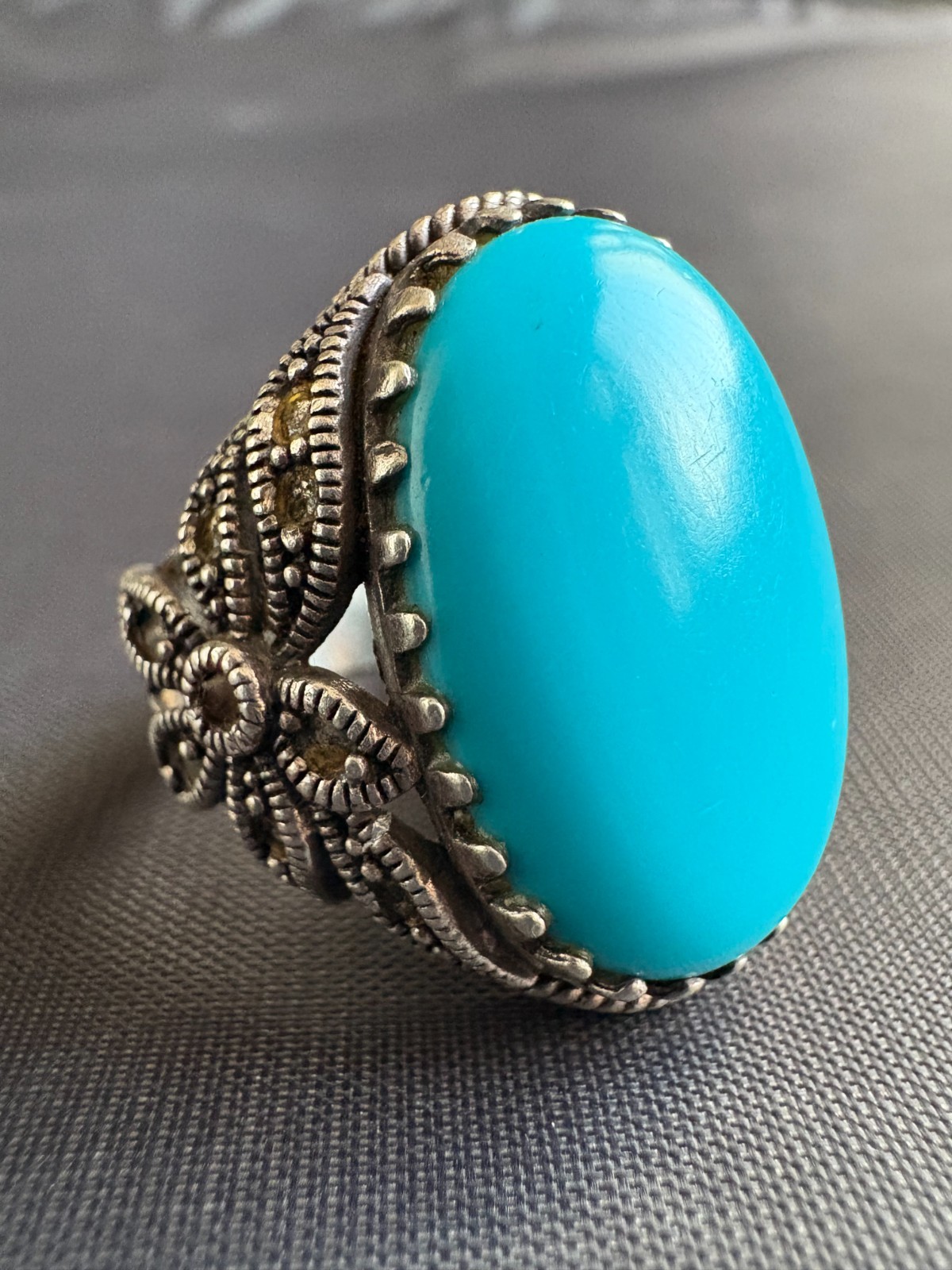 Vintage 925 Sterling Silver Blue Stone Ring Handmade Filigree Work Size 8.25 US