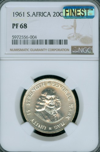 1961 SOUTH AFRICA SILVER 20 CENTS NGC PF68 PQ MAC FINEST GRADE & SPOTLESS *