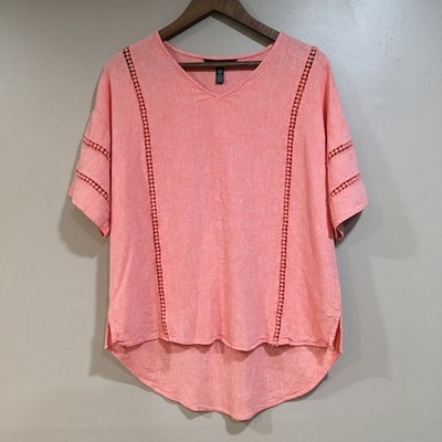 Ellen Tracy Crochet Trim Linen Blend Top Womens M Coral Pink Boho Coastal Beach