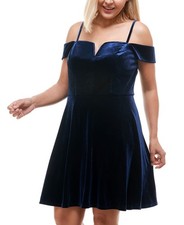 City Studios Trendy Plus Size Off-The-Shoulder Velvet Dress(Navy, 22w)