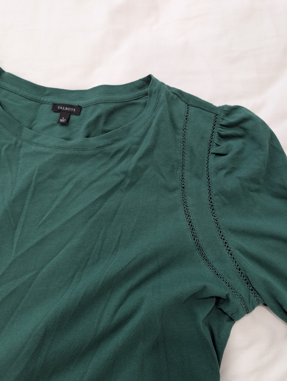 Talbots Women's Green Knit Crew Neck Long Sleeve Ruched Lace Trim Blouse M
