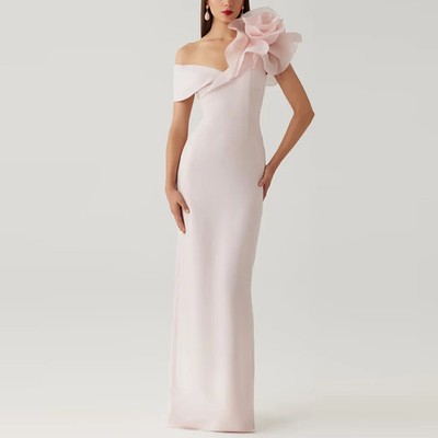 Classic Pink One Shoulder Ruffles Sleevelss Straight Mother of The Bride Dress